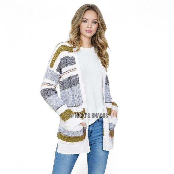 Stitch Fix Fuzzy Cardigan Sweater Green Gray White Striped Open Front Size XS - Picture 11 of 12